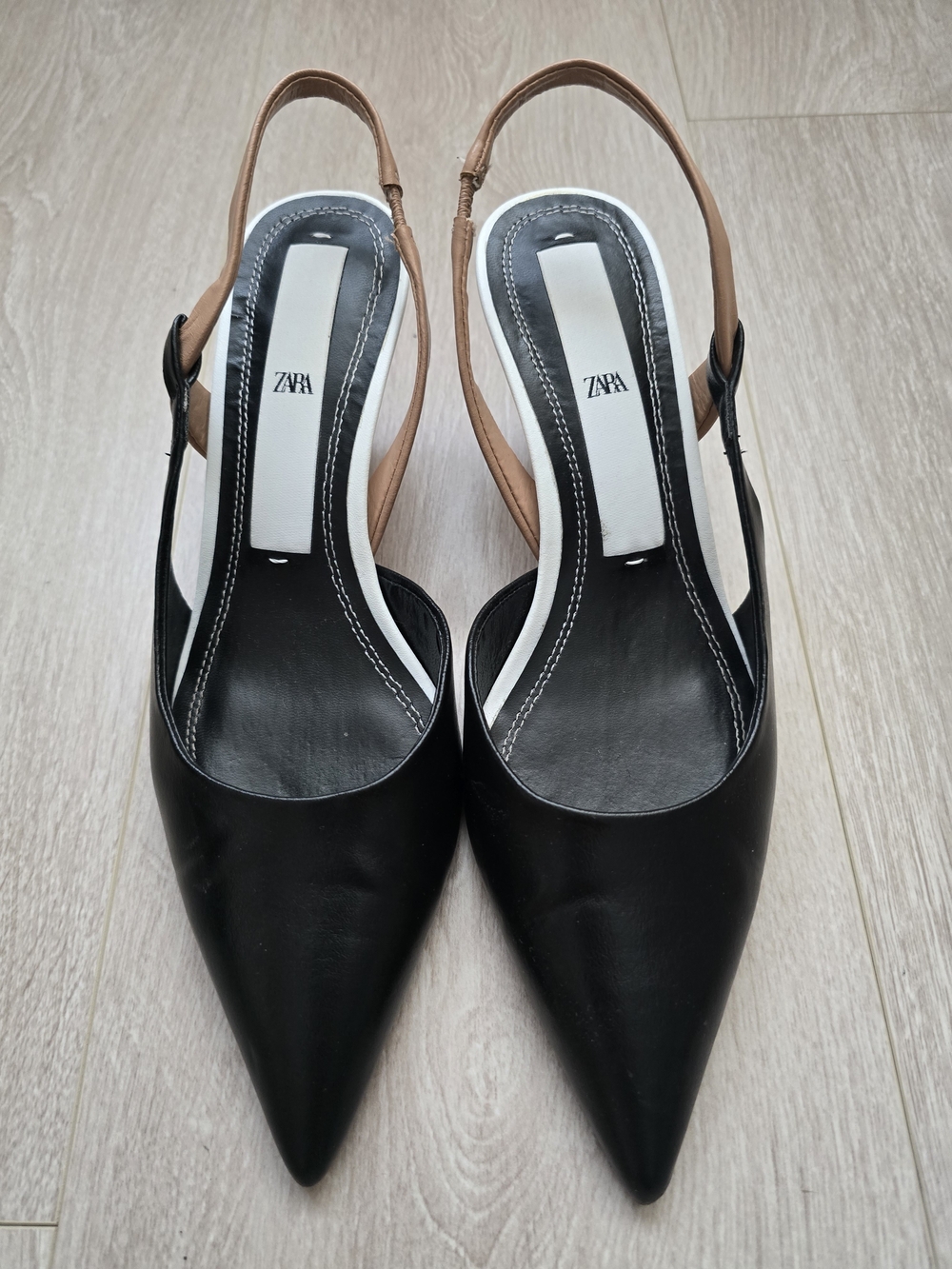 Zara Black Pointed Slingback Pumps with Tan Strap Size 37 Eur - Picture 2 of 9